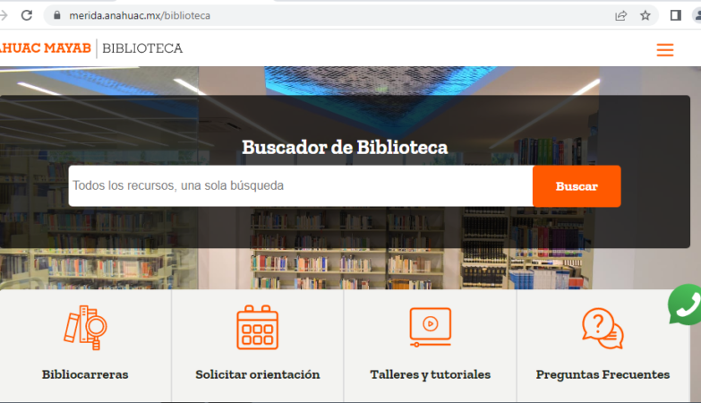 Vista de la página principal de la Biblioteca Virtual de la Anáhuac Mayab