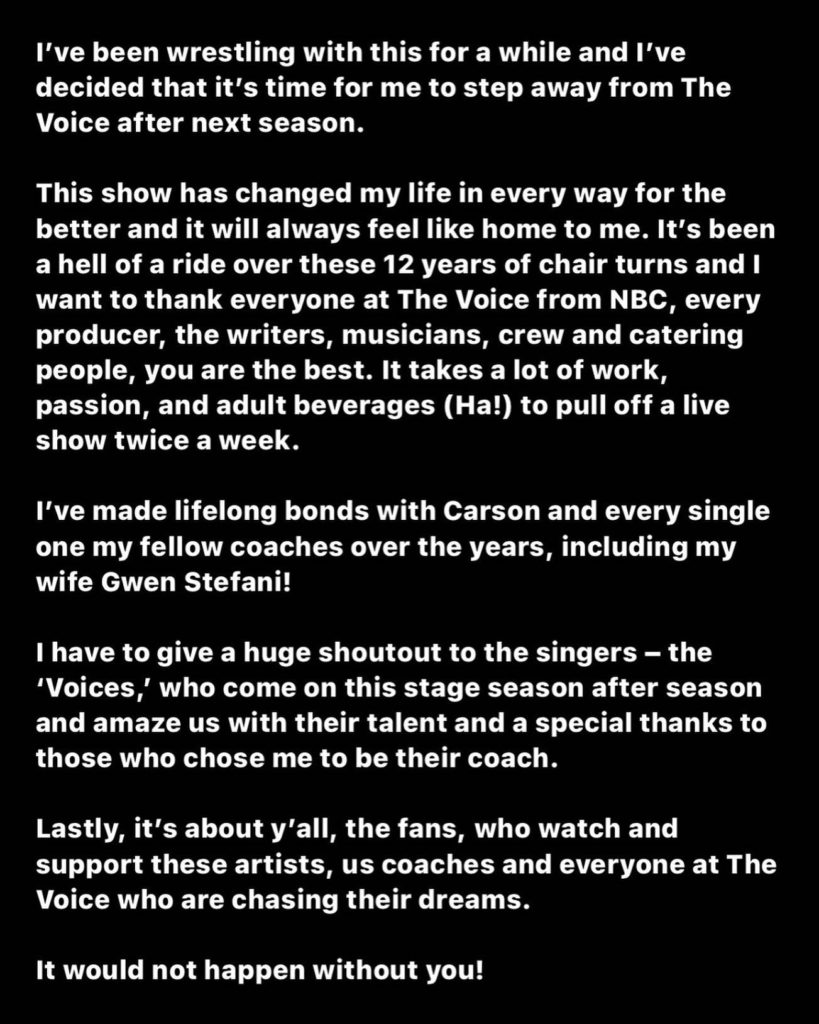 Publicación del Instagram de Blake Shelton sobre su retiro del programa de televisión The Voice
