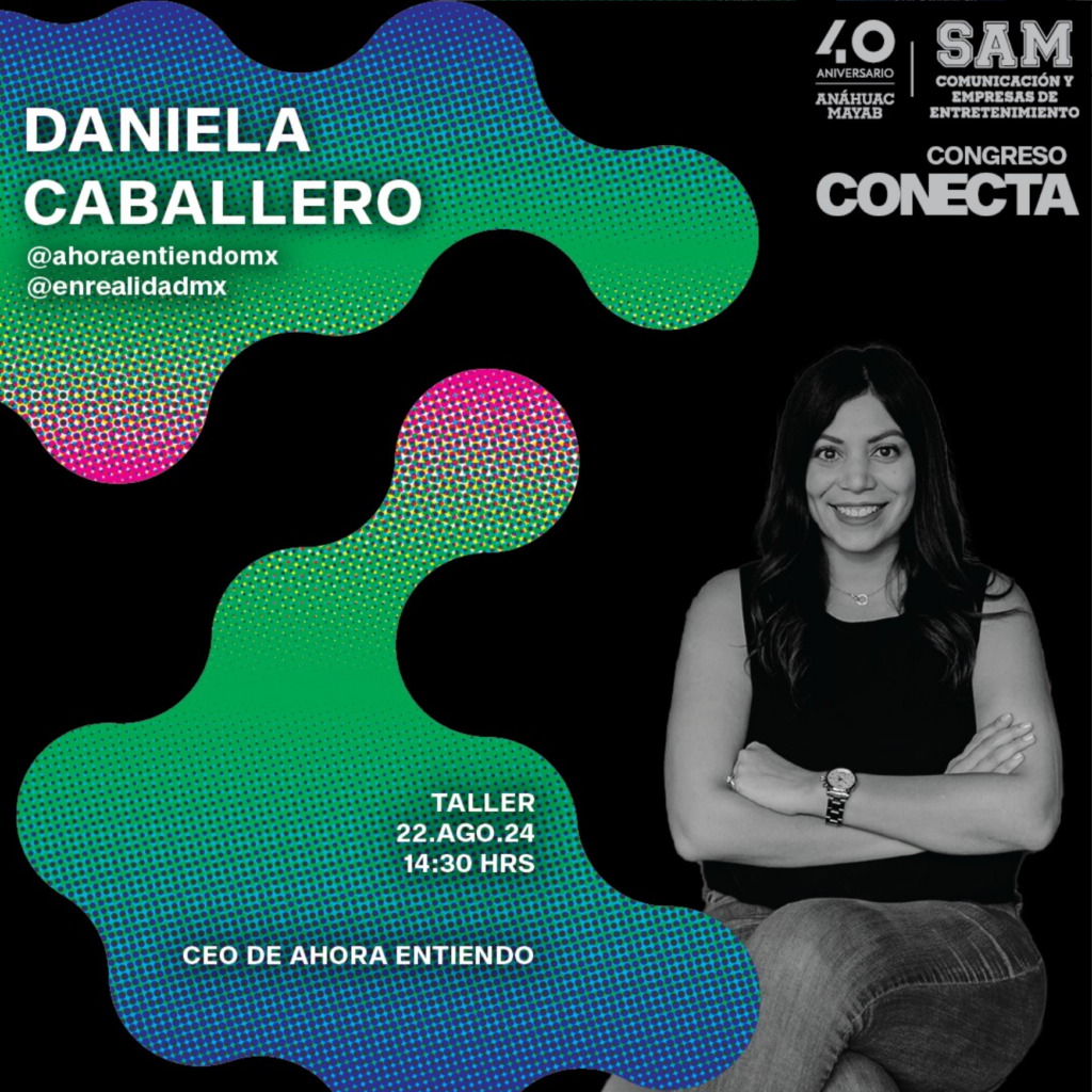 Daniela Caballero, sobre un fondo negro en un promocional para el Congreso Conecta